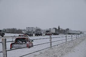 Blizzard Affects Highway Traffic In Coralville Iowa