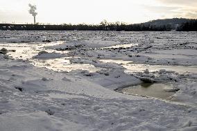 Icebound Dnipro River banks in Kyiv