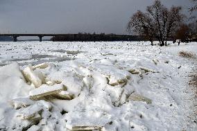 Icebound Dnipro River banks in Kyiv