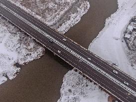 Fenhe River With Snowfall