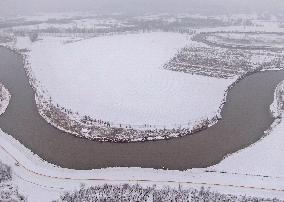 Fenhe River With Snowfall