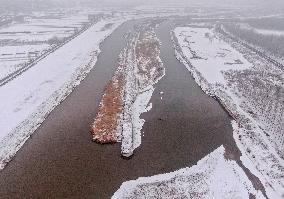 Fenhe River With Snowfall