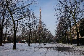 Streets Of Paris Covered With A Snow Blanket