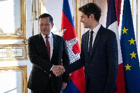 Gabriel Attal receives PM of Cambodia Manet Hun in Matignon - Paris