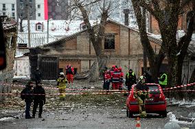 Police And Rescuers Work At The Site Of A Russian Cruise Missile That Destroyed A Sports Complex In Central Kyiv