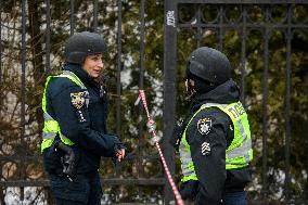 Police And Rescuers Work At The Site Of A Russian Cruise Missile That Destroyed A Sports Complex In Central Kyiv