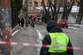 Police And Rescuers Work At The Site Of A Russian Cruise Missile That Destroyed A Sports Complex In Central Kyiv