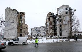 Buildings destroyed by Russian troops on Tsentralna Street in Borodianka