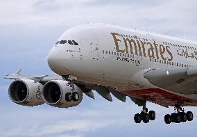 Diverse Emirates Airbus A380 landing in Barcelona