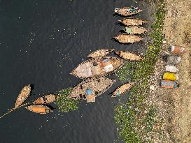 Aerial View Of Wooden Passenger Boats Docked On Buriganga River Por