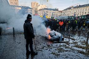 Farmers Set Some Fire Ouside The EU Parliament - Brussels