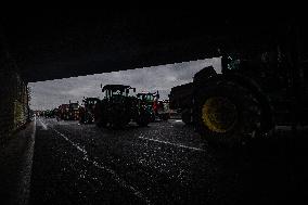 French Farmers Block The A6 Highway Near Paris