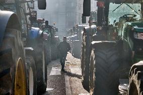 Farmers Set Some Fire Ouside The EU Parliament - Brussels