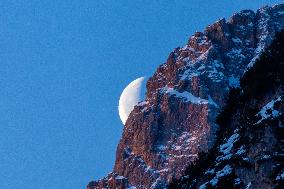 Waning Crescent Moon Seen At Monte Cristallo, Italian Dolomites