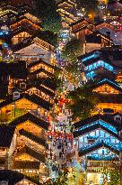 Tourists Visit The Traditional Style Shibati Area in Chongqing