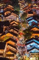 Tourists Visit The Traditional Style Shibati Area in Chongqing