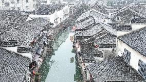 Xinshi Ancient Town During Heavy Snow in Huzhou