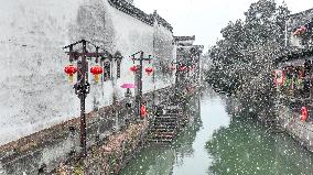 Xinshi Ancient Town During Heavy Snow in Huzhou