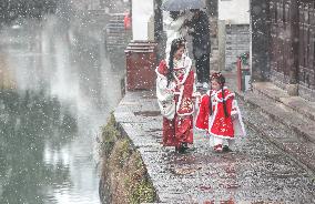 Xinshi Ancient Town During Heavy Snow in Huzhou