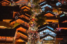 Tourists Visit The Traditional Style Shibati Area in Chongqing