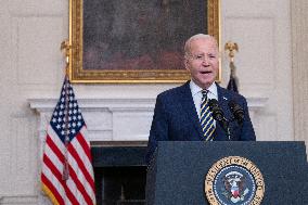 United States President Joe Biden delivers remarks urging Congress to pass the Emergency National Security Appropriations Act.