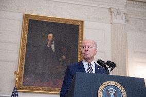 United States President Joe Biden delivers remarks urging Congress to pass the Emergency National Security Appropriations Act.