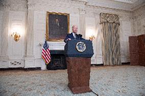 United States President Joe Biden delivers remarks urging Congress to pass the Emergency National Security Appropriations Act.