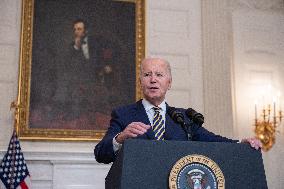 United States President Joe Biden delivers remarks urging Congress to pass the Emergency National Security Appropriations Act.