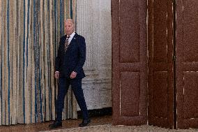 United States President Joe Biden delivers remarks urging Congress to pass the Emergency National Security Appropriations Act.