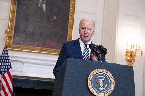 United States President Joe Biden delivers remarks urging Congress to pass the Emergency National Security Appropriations Act.