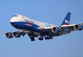 Boeing 747 from Silk Way West Airlines landing at Barcelona airport