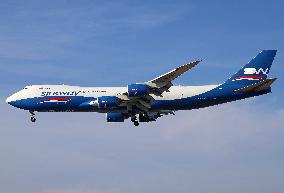 Boeing 747 from Silk Way West Airlines landing at Barcelona airport