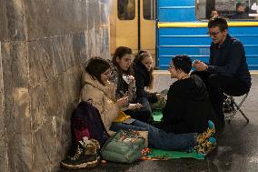 Skhoolchildren In A Metro Station Used As A Bomb Shelter During A Long Air Alert In Kyiv