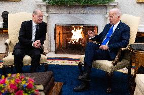 President Joe Biden and German Chancellor Olaf Slcholz meet in the Oval Office
