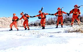 Firefighters Patrol Forest Grassland Protection in Zhangye