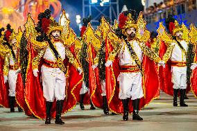 Parade of the Águia de Ouro samba school at the Anhembi 2024 sambadrome.