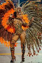 Parade of the Águia de Ouro samba school at the Anhembi 2024 sambadrome.