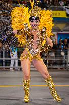 Parade of the Águia de Ouro samba school at the Anhembi 2024 sambadrome.