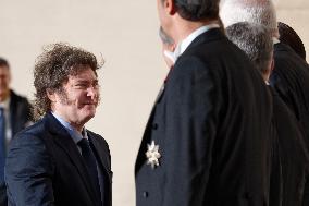 Argentinian President Javier Milei Arrive At San Damaso Courtyard In The Vatican