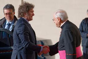 Argentinian President Javier Milei Arrive At San Damaso Courtyard In The Vatican