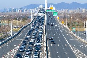 Vehicles Jam at Nanjing Jiangxinzhou Yangtze River Bridge