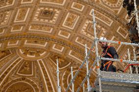 The Scaffolding Surrounded 17th Century, 95ft-tall Bronze Canopy By Giovan Lorenzo Bernini Surmounting The Papal Altar Of The Co