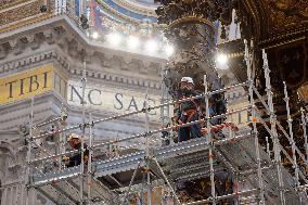 The Scaffolding Surrounded 17th Century, 95ft-tall Bronze Canopy By Giovan Lorenzo Bernini Surmounting The Papal Altar Of The Co