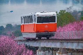 A Sightseeing Cable Car Shuttles Between The Urban Space And The Bank of The Jialing River in Chongqing