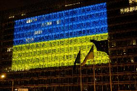 Ukrainian flag projected on the facade EU Commission building - Brussels