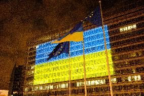 Ukrainian flag projected on the facade EU Commission building - Brussels