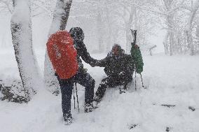 Pilgrims During Snow Storm In Galica