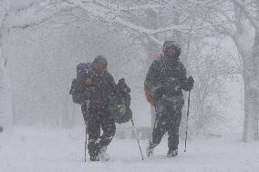 Pilgrims During Snow Storm In Galica