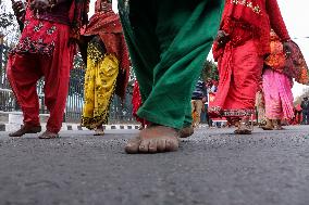 Loan Shark Victims Walk Barefoot March In Capital Kathmandu.