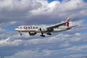 Qatar Boeing 777 25 Years of Excellence Sticker landing in Barcelona